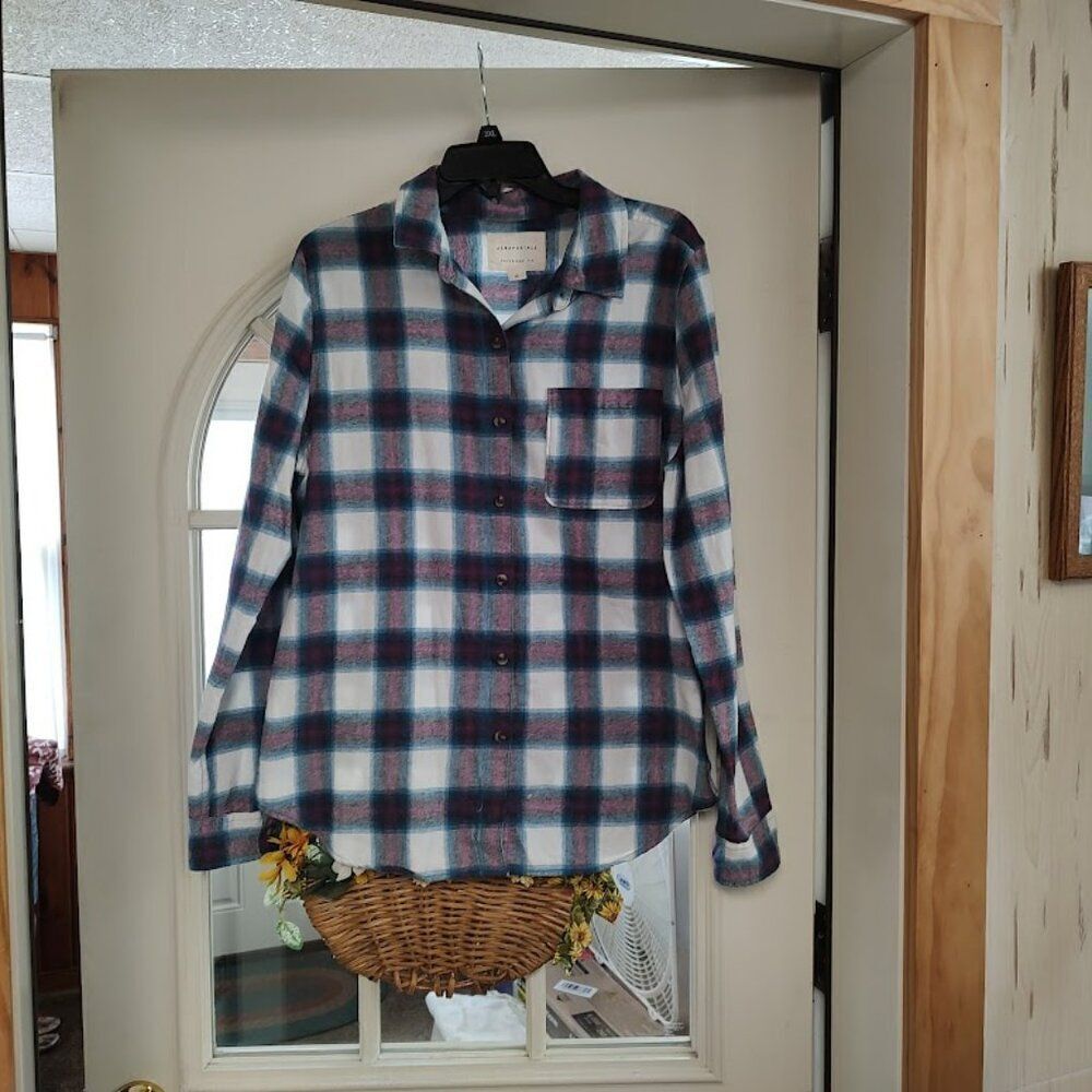 New Aeropostale Purple Blue Plaid Long Sleeve Boyfriend Fit Flannel Women's L